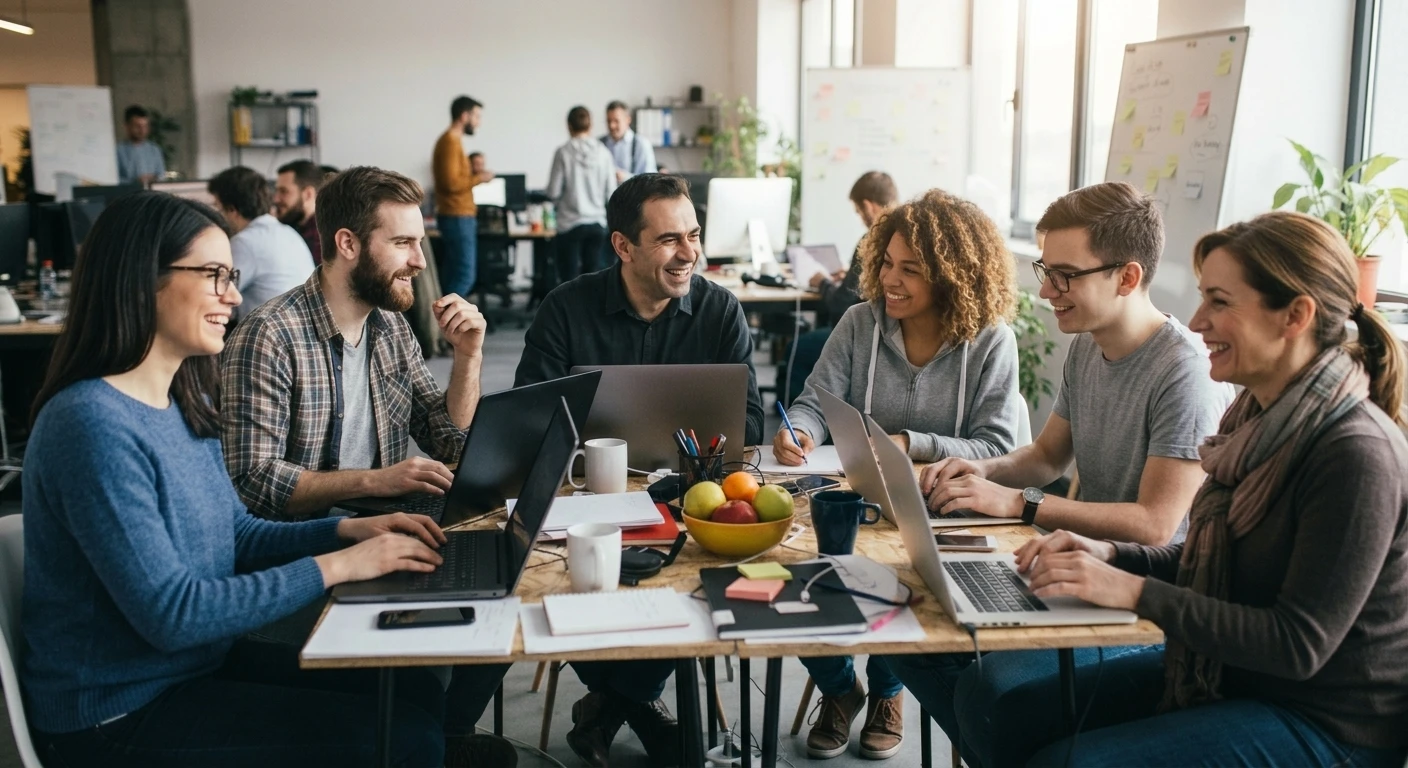 Coworkers around a shared table with laptops